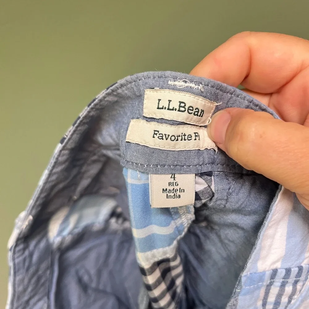 LL Bean Favorite Fit Patchwork Madras Shorts Blue White Plaid Gingham Womens 4